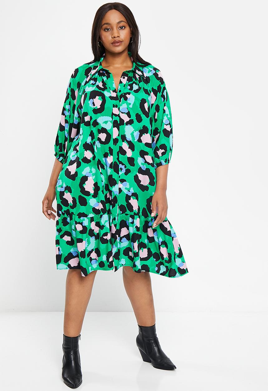 Me&B - Plus Bellow sleeve short shirt dress - opulent animal