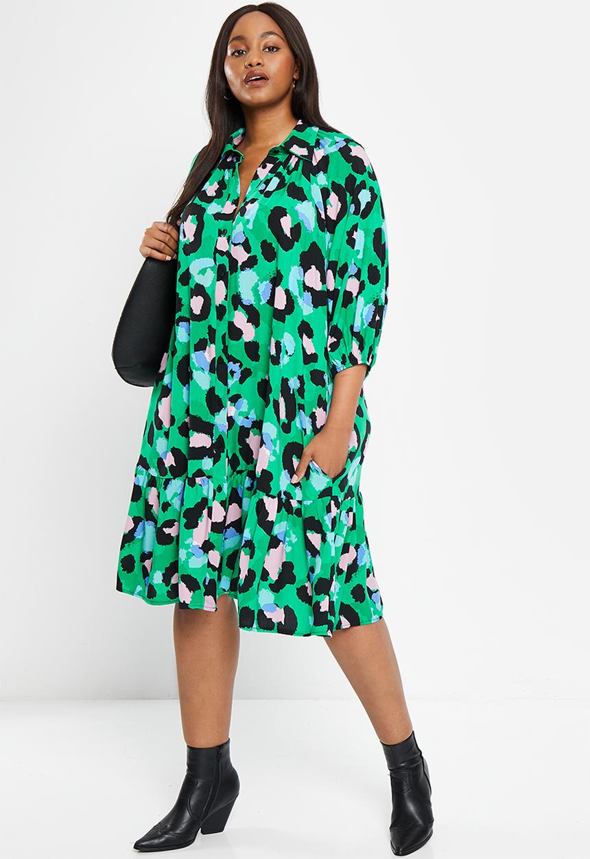 Me&B - Plus Bellow sleeve short shirt dress - opulent animal