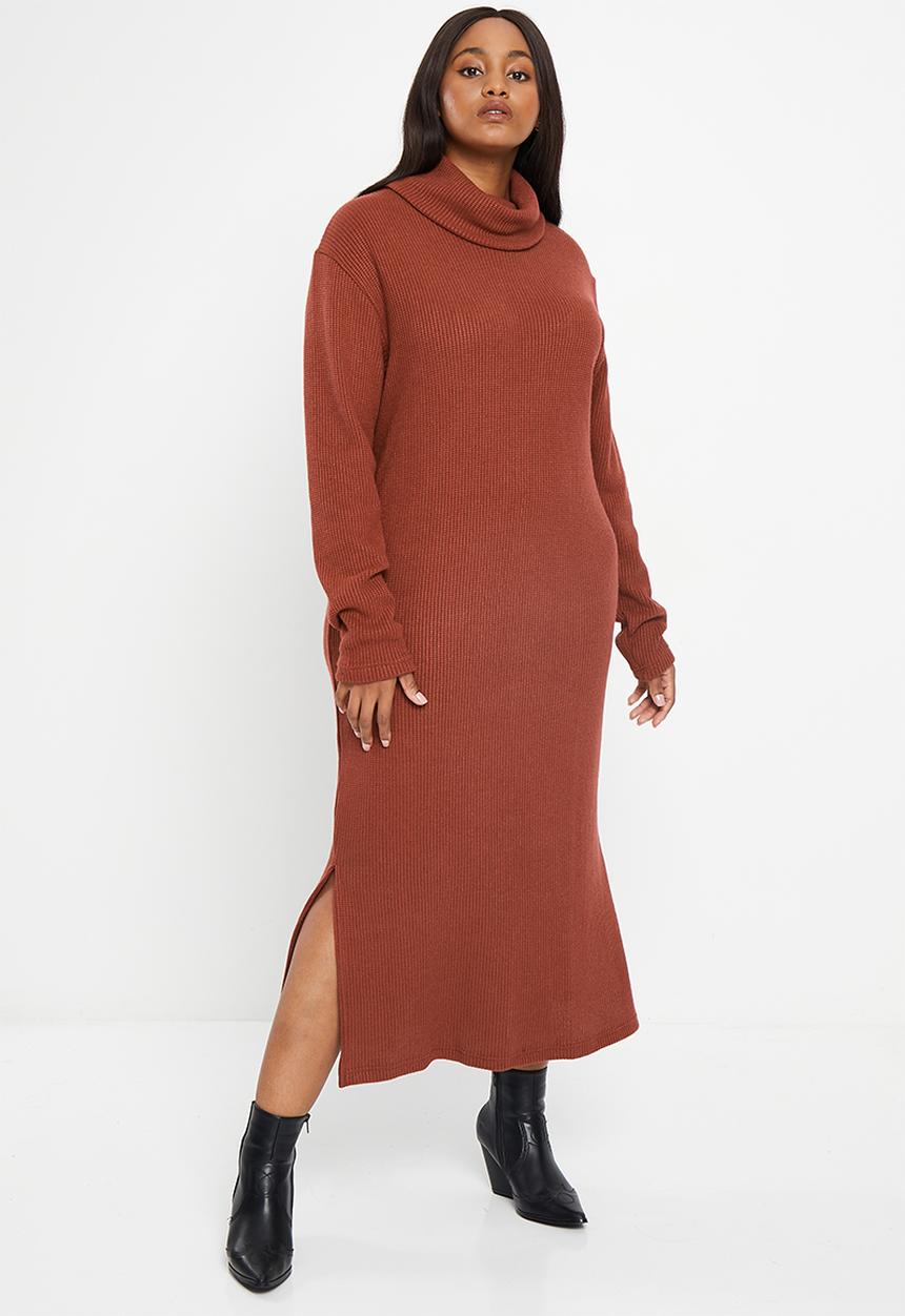 Me&B - Plus Poloneck maxi rib knit dress - toffee