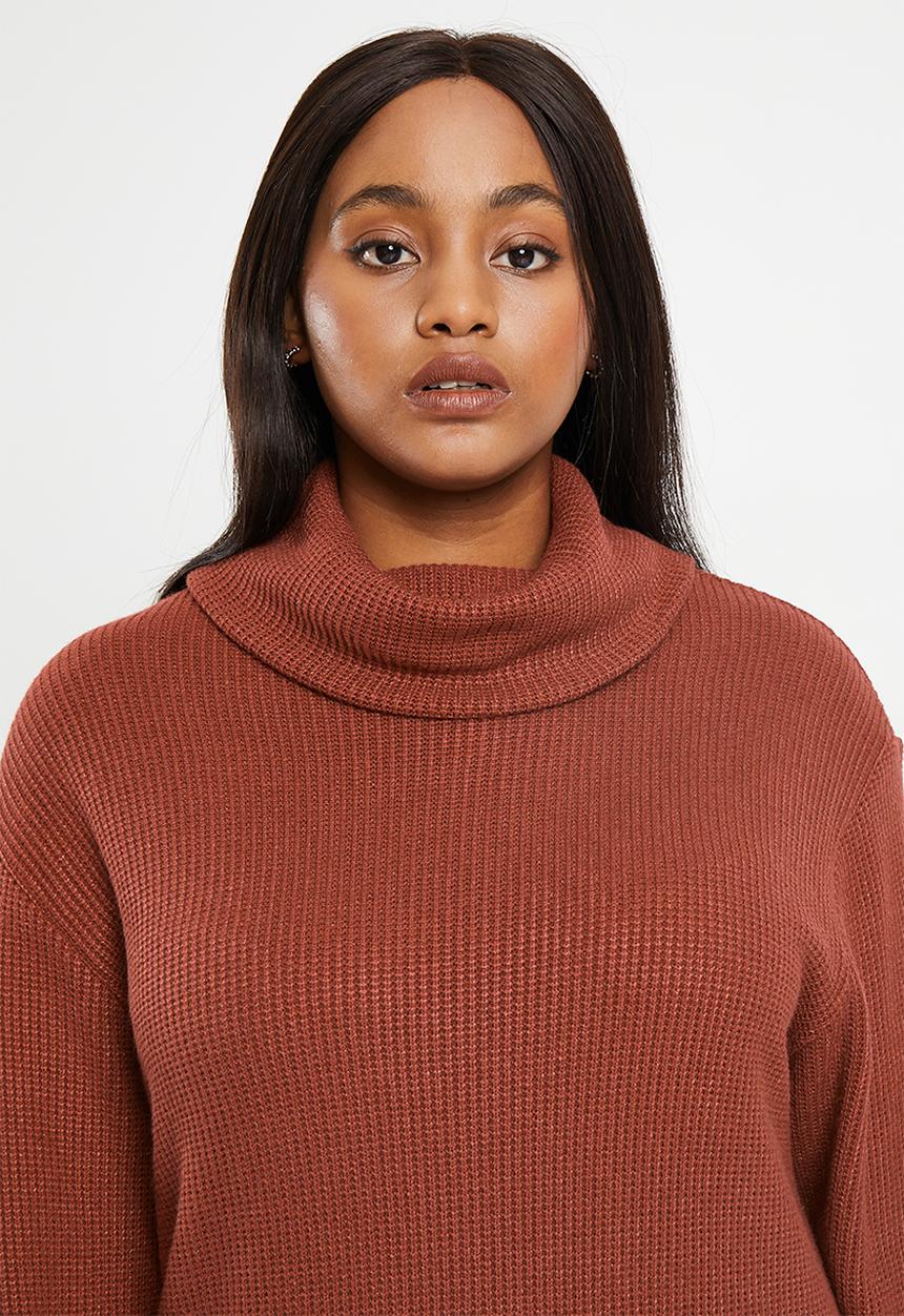 Me&B - Plus Poloneck maxi rib knit dress - toffee