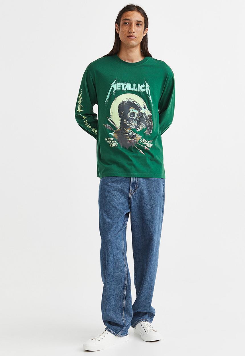 H&M - Relaxed fit printed jersey top - dark green/metallica