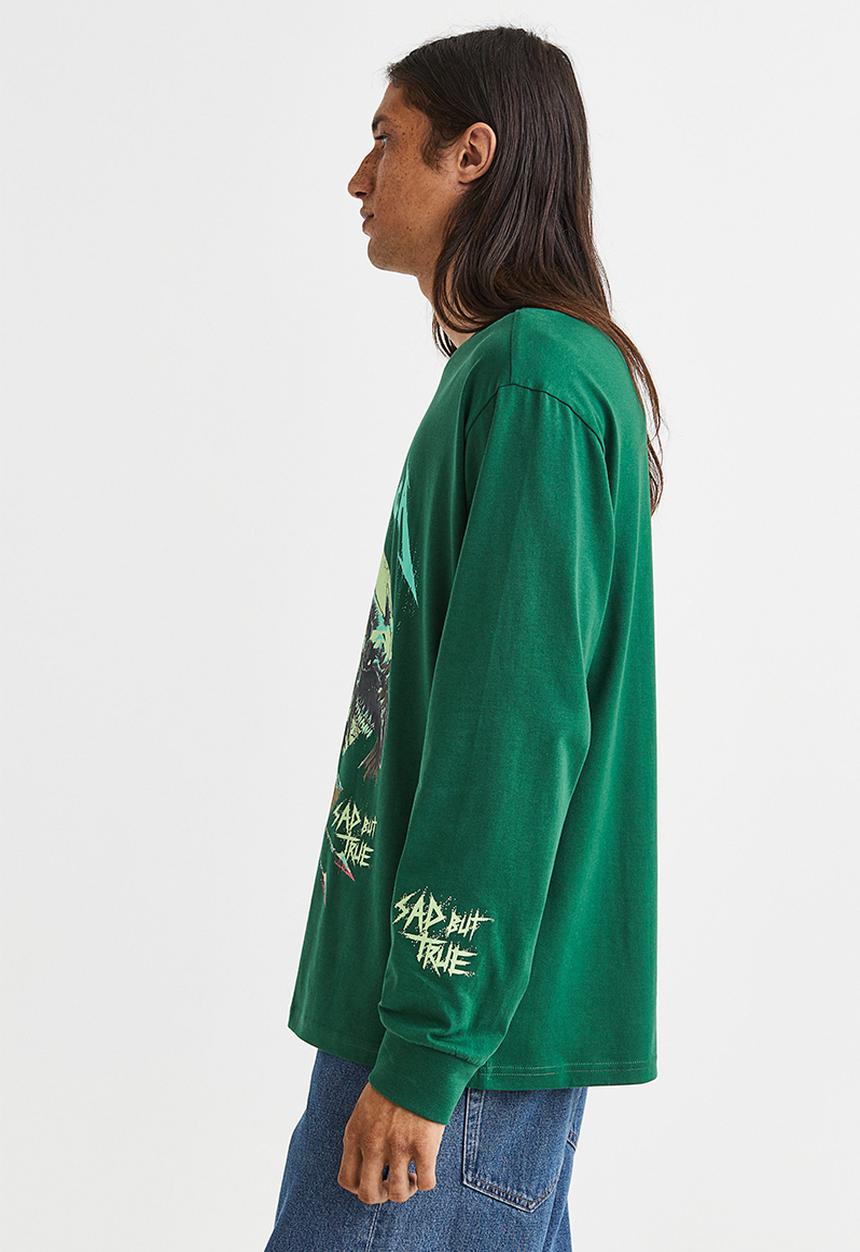H&M - Relaxed fit printed jersey top - dark green/metallica