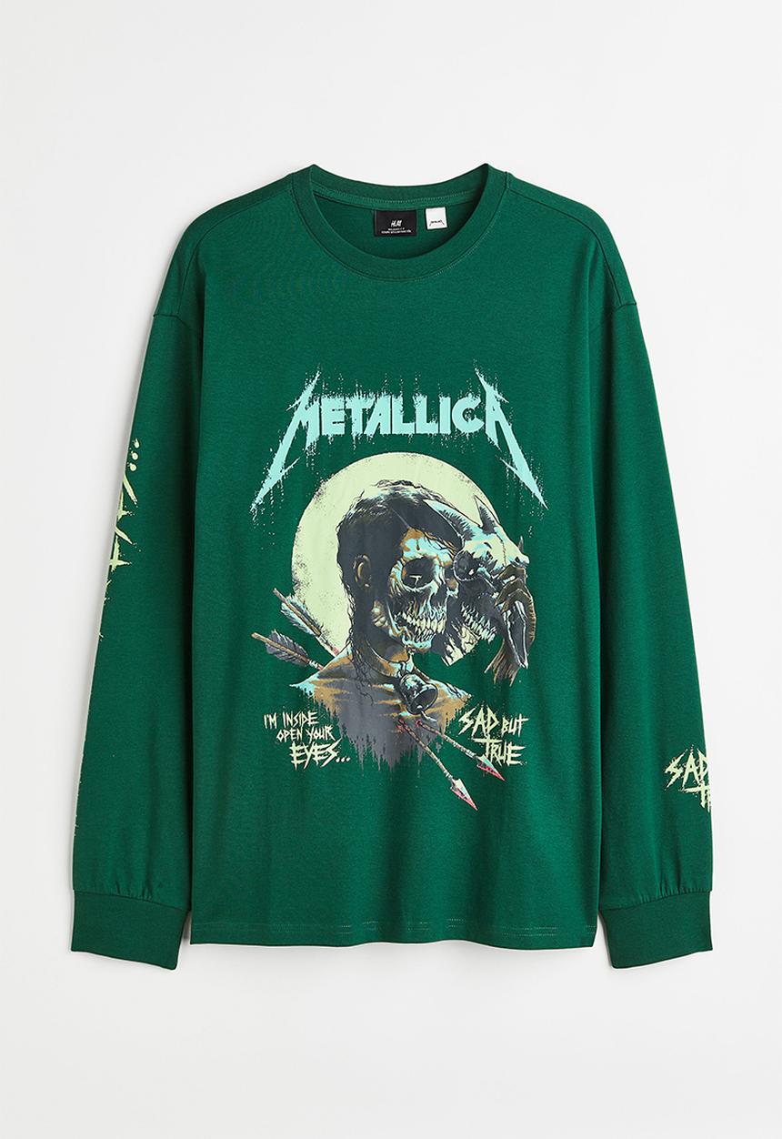 H&M - Relaxed fit printed jersey top - dark green/metallica