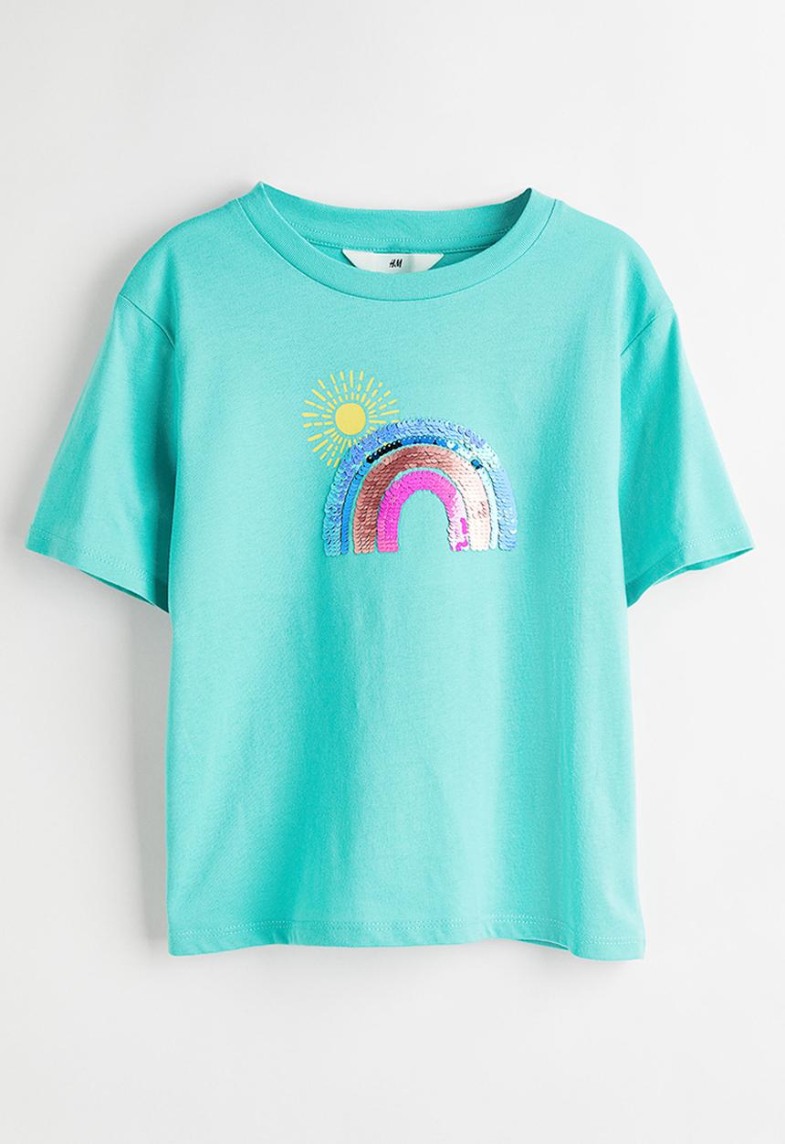 H&M - Reversible sequin-motif T-shirt - turquoise/rainbow