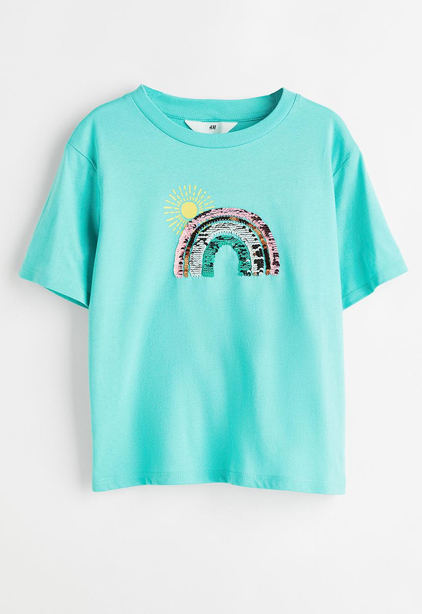 H&M - Reversible sequin-motif T-shirt - turquoise/rainbow
