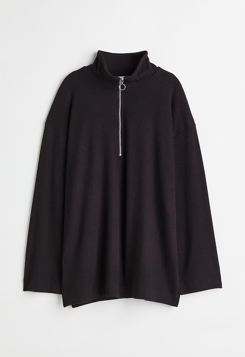 H&M - Ribbed half-zip top - black