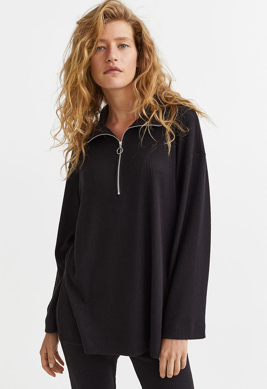 H&M - Ribbed half-zip top - black