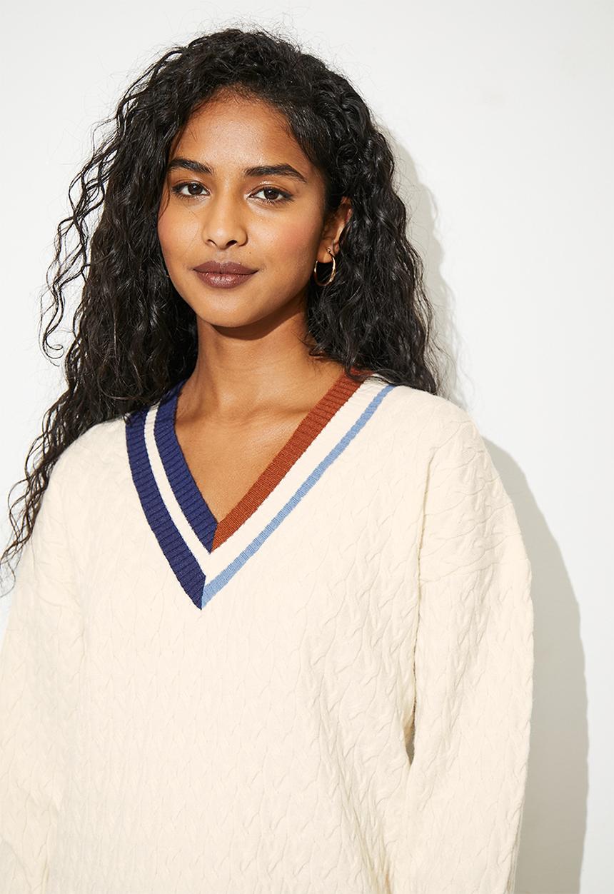 Superbalist - Tipped neckline knitwear mini dress - ecru & navy