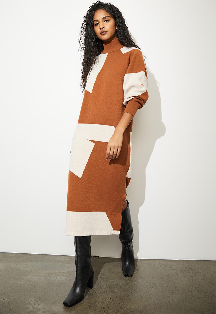 Superbalist - Polo neck jaquard midi dress - tan & ecru