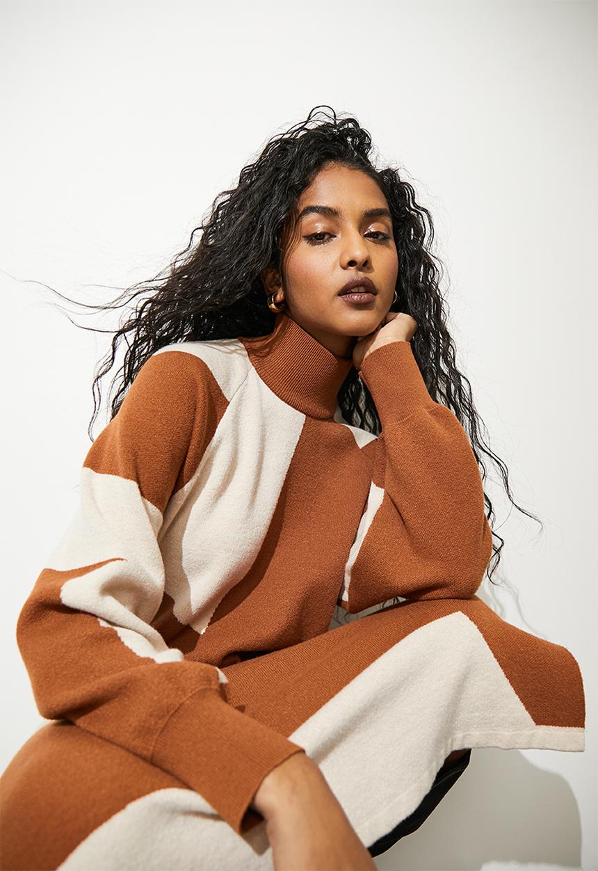 Superbalist - Polo neck jaquard midi dress - tan & ecru