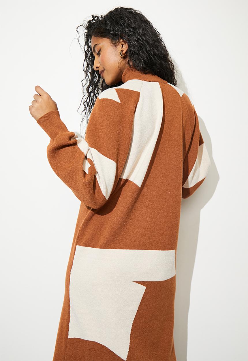 Superbalist - Polo neck jaquard midi dress - tan & ecru