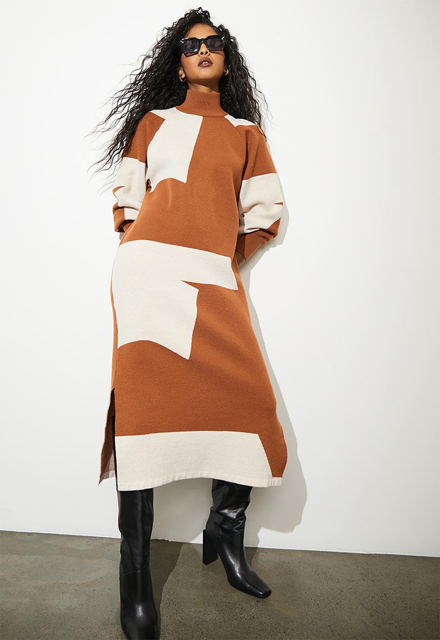 Superbalist - Polo neck jaquard midi dress - tan & ecru