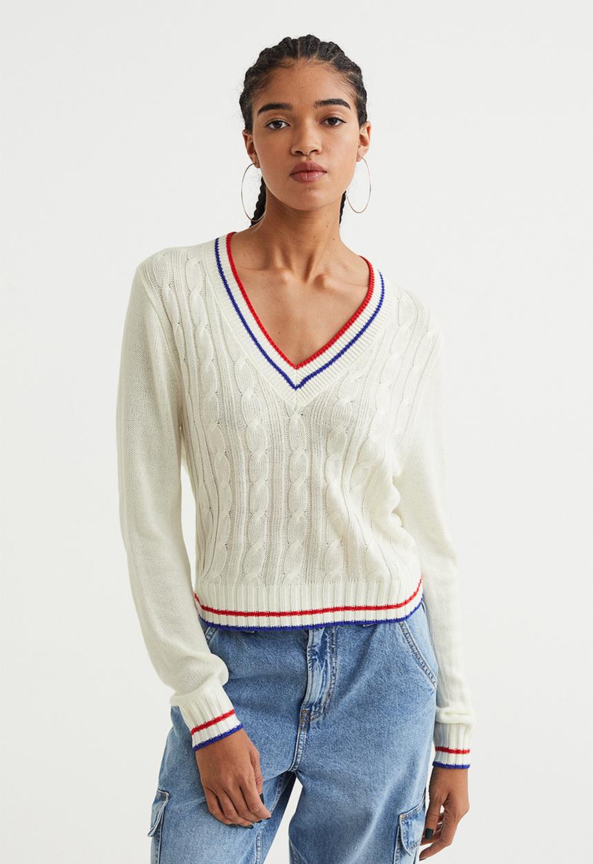 H&M - V-neck cable-knit jumper - cream/bright blue