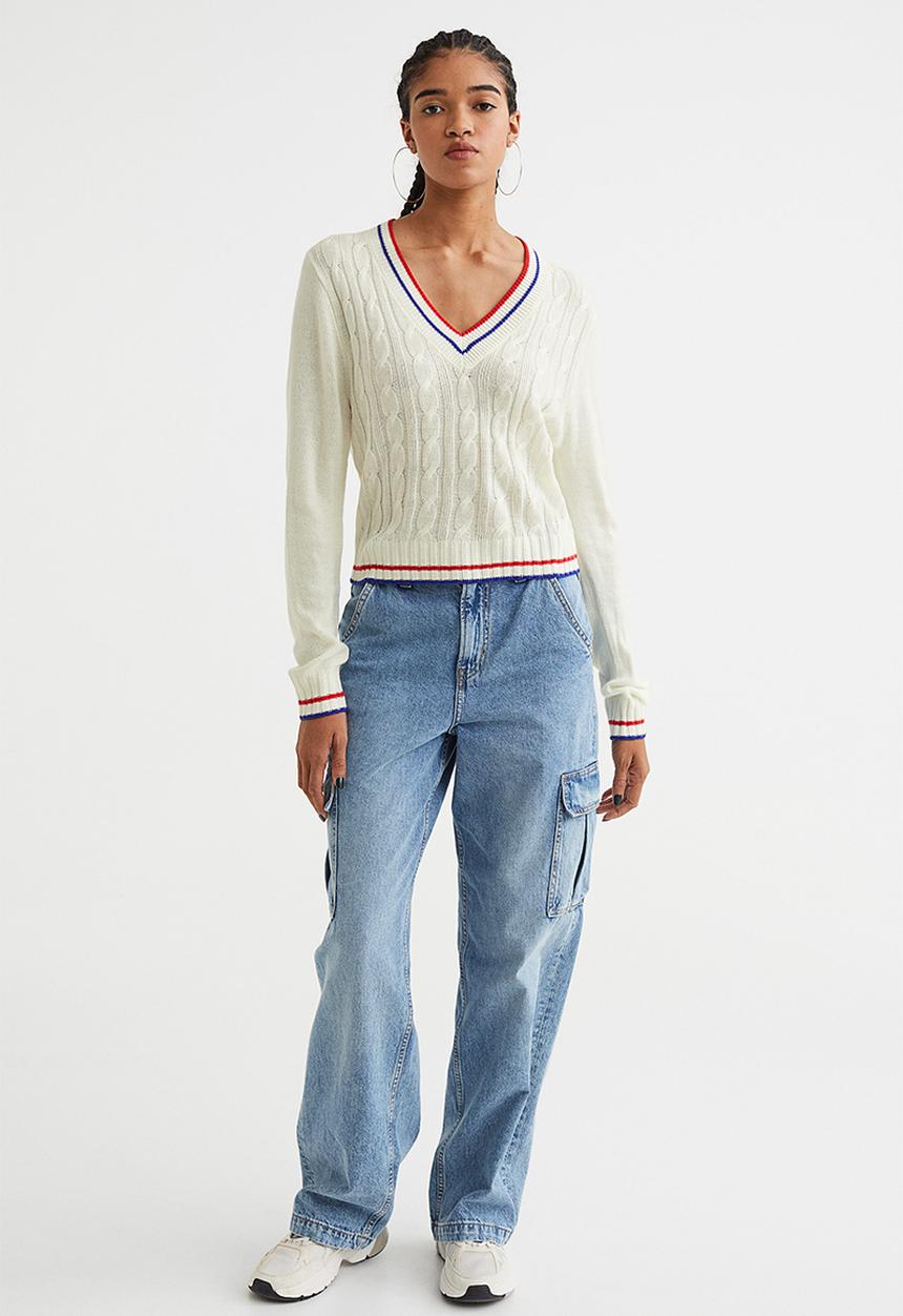 H&M - V-neck cable-knit jumper - cream/bright blue