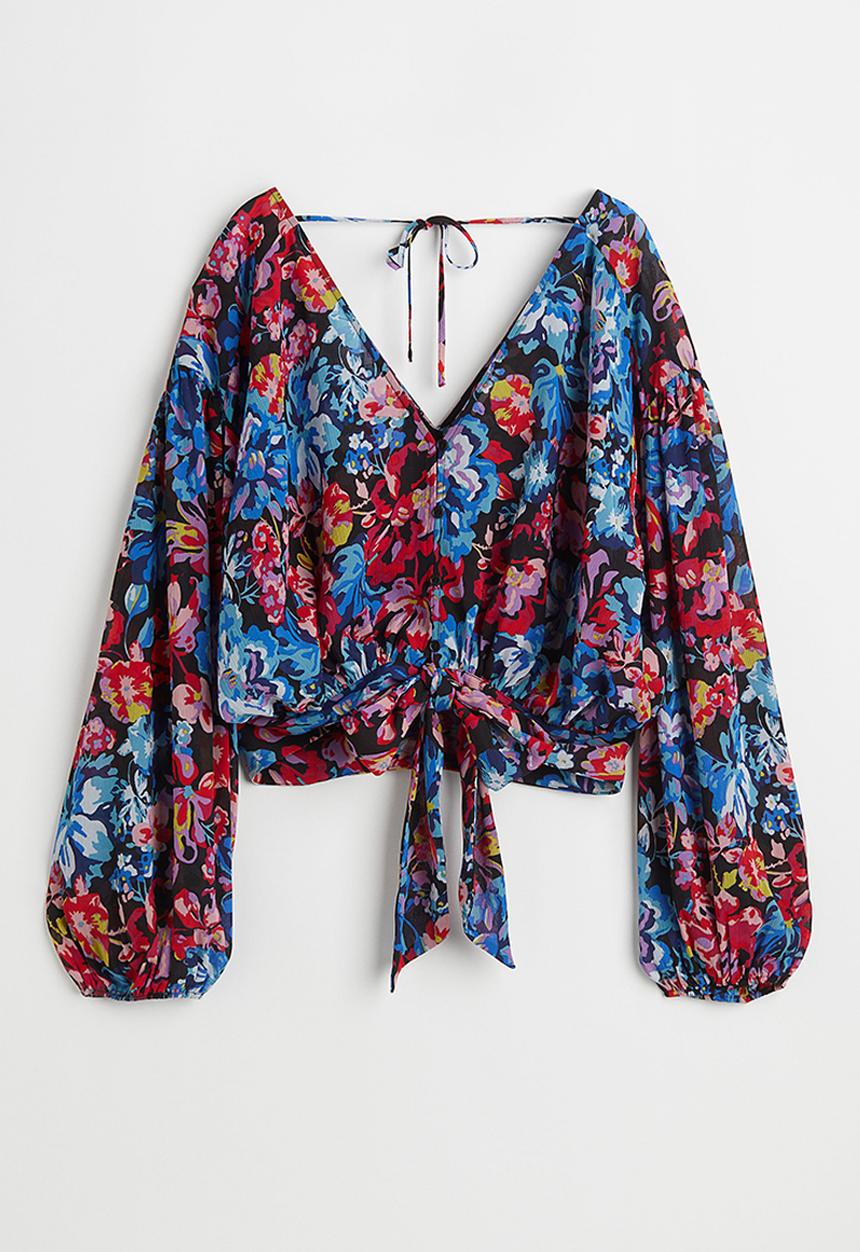 H&M - Tie-detail blouse - black/floral
