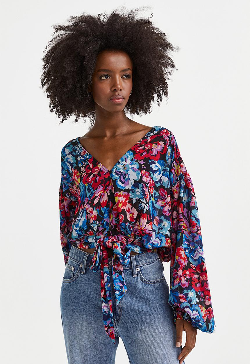 H&M - Tie-detail blouse - black/floral