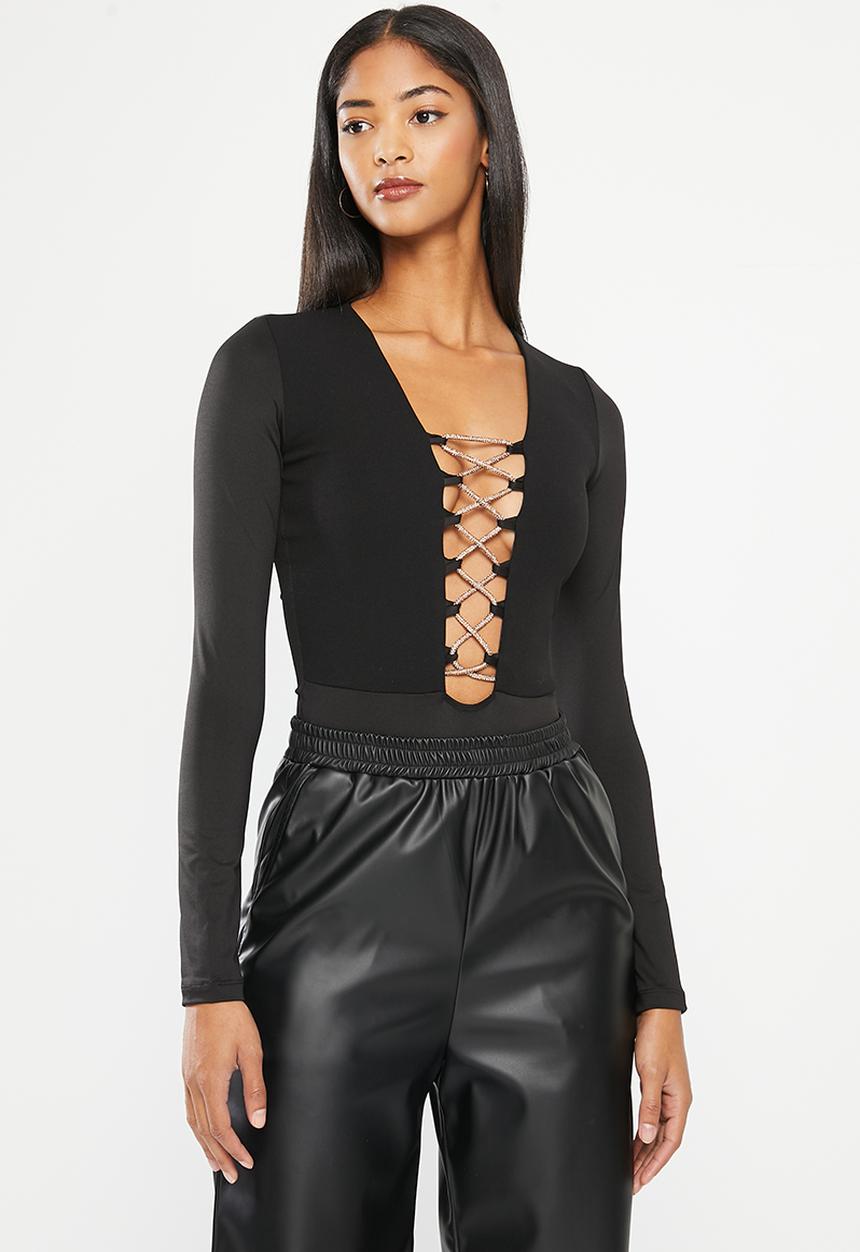 SISSY BOY - Long sleeve bodysuit with lace up trim - black