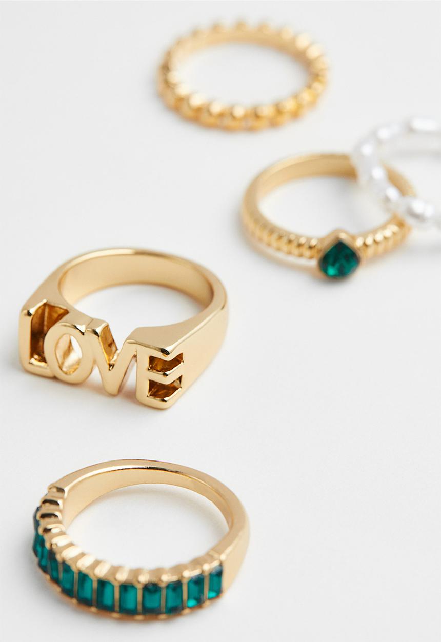 H&M - 5-Pack rings - gold-coloured/green