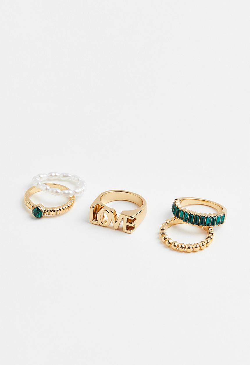 H&M - 5-Pack rings - gold-coloured/green