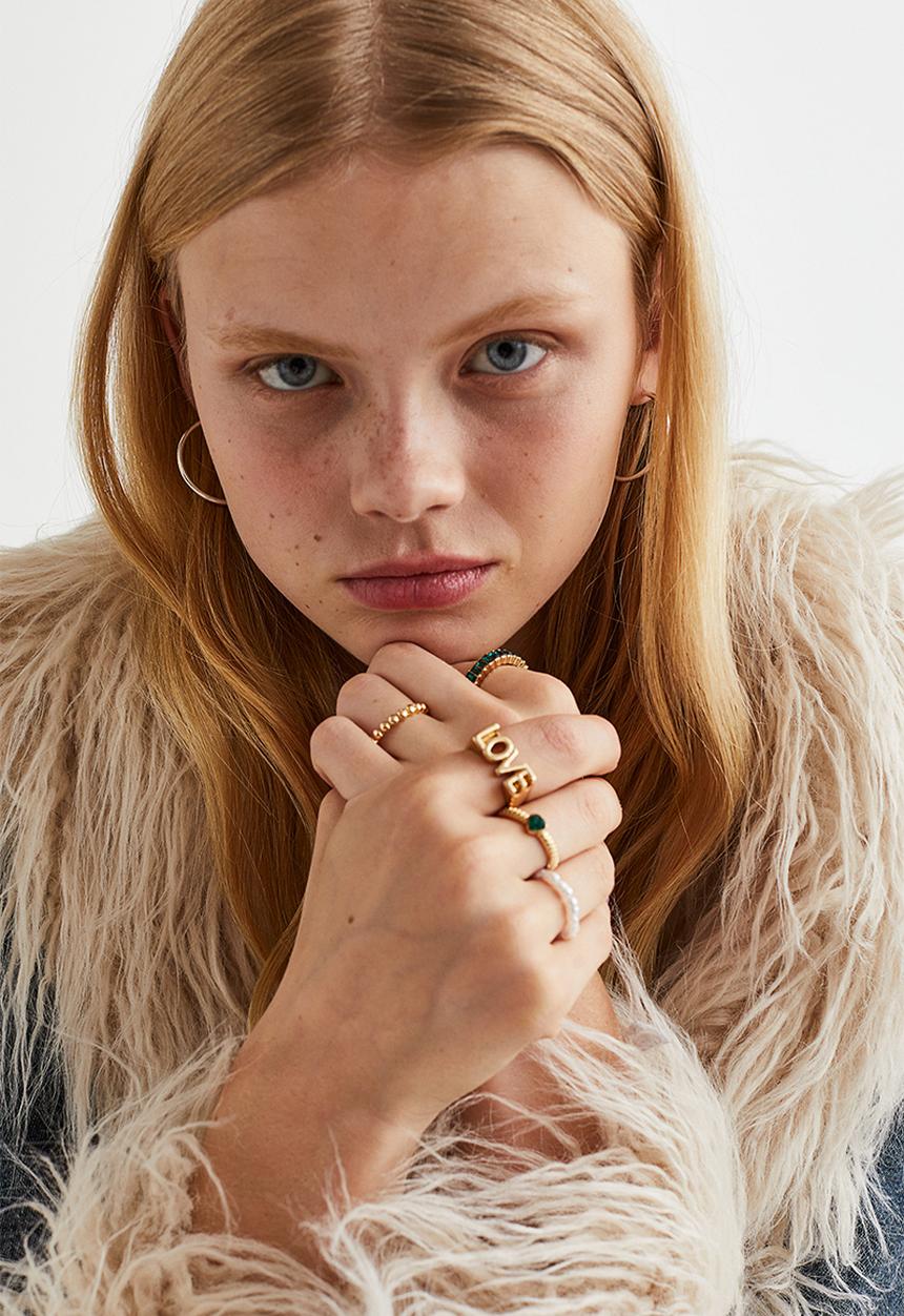 H&M - 5-Pack rings - gold-coloured/green