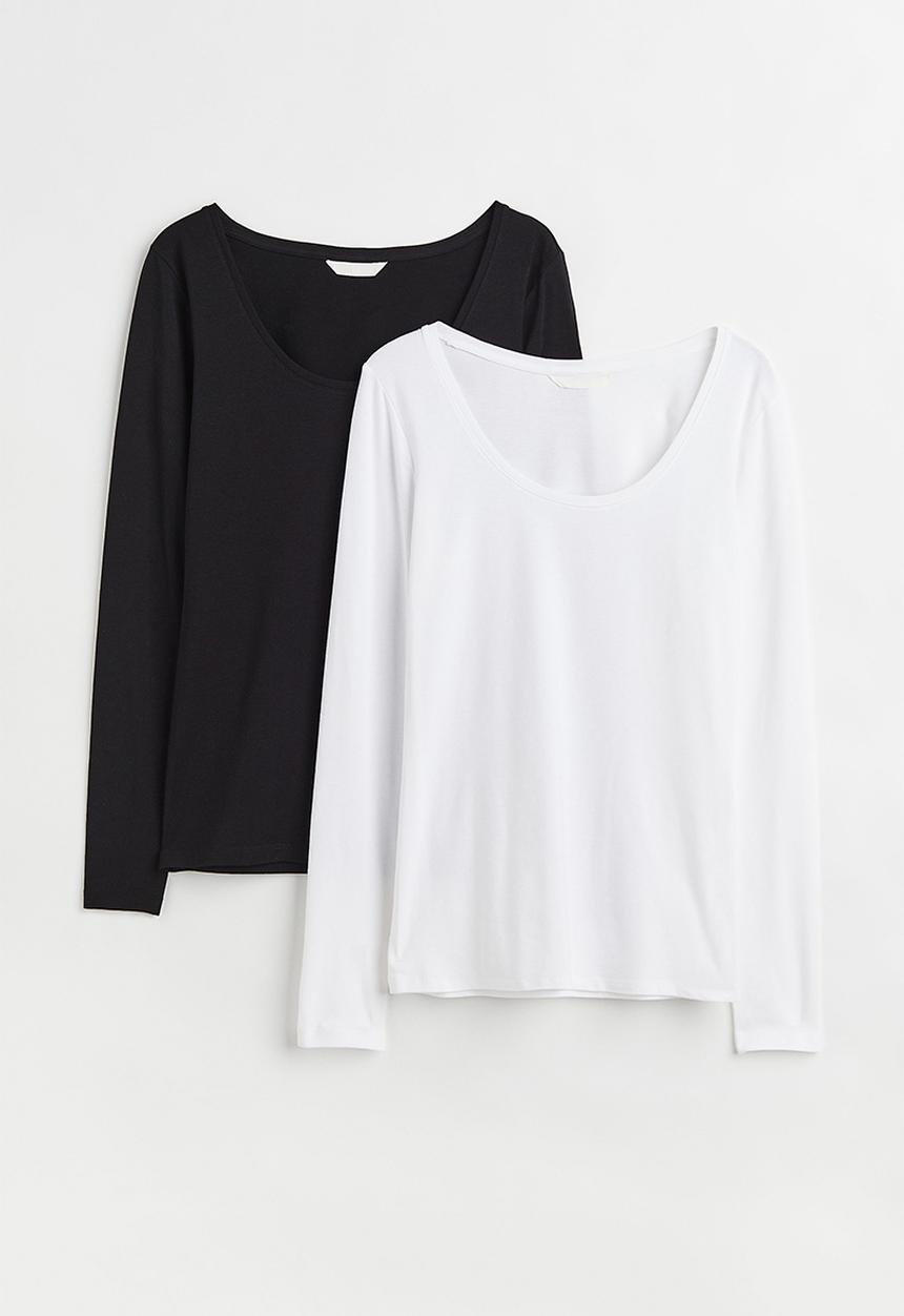 H&M - 2-pack jersey tops - white/black