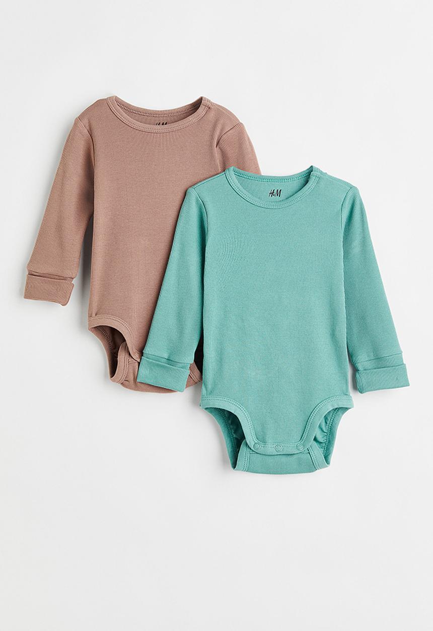 H&M - 2-pack adjustable-fit long-sleeved bodysuits - green/dark beige