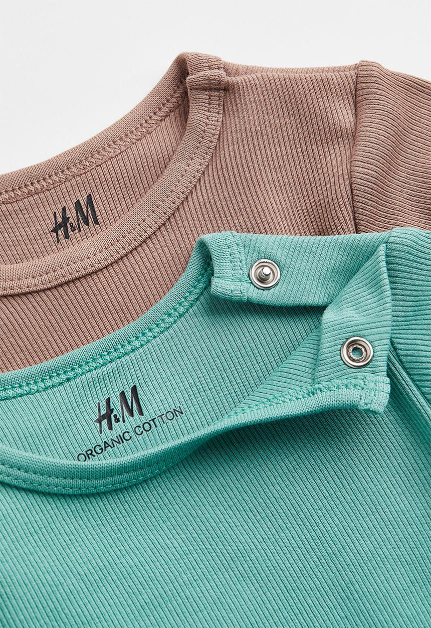 H&M - 2-pack adjustable-fit long-sleeved bodysuits - green/dark beige