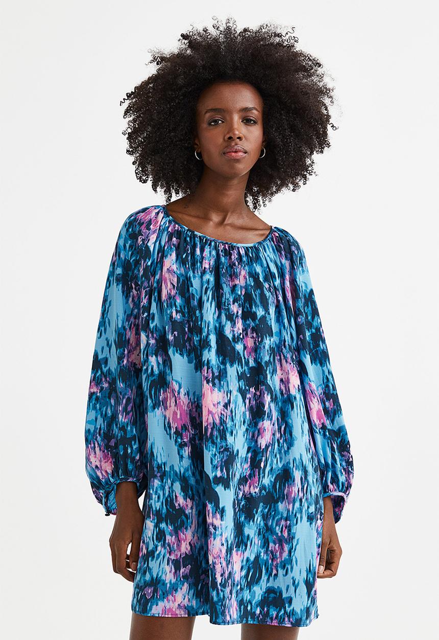 H&M - Balloon-sleeved crêpe dress - blue/patterned