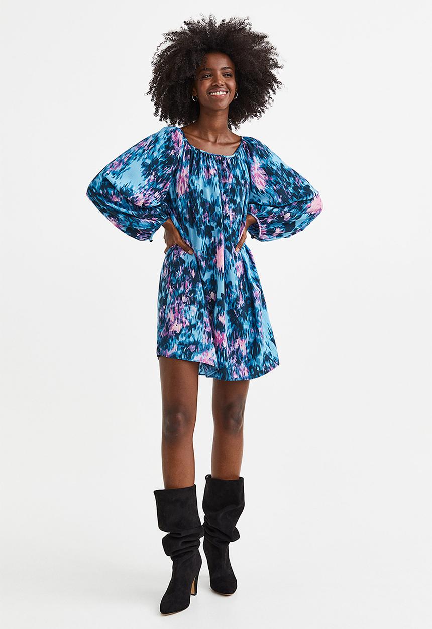 H&M - Balloon-sleeved crêpe dress - blue/patterned