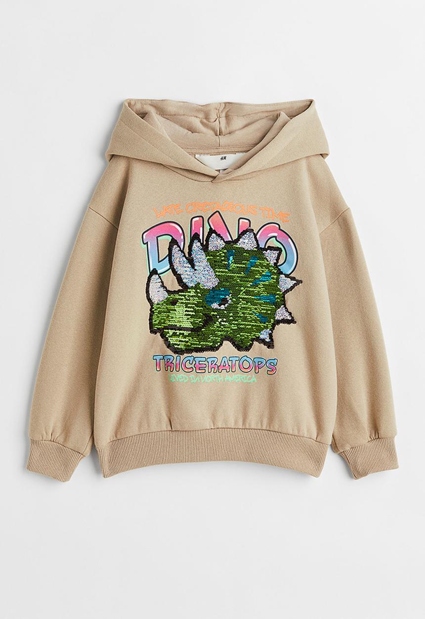 H&M - Reversible sequin-motif hoodie - beige/dinosaur