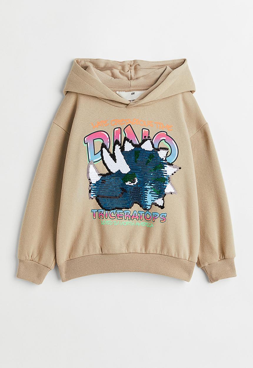 H&M - Reversible sequin-motif hoodie - beige/dinosaur