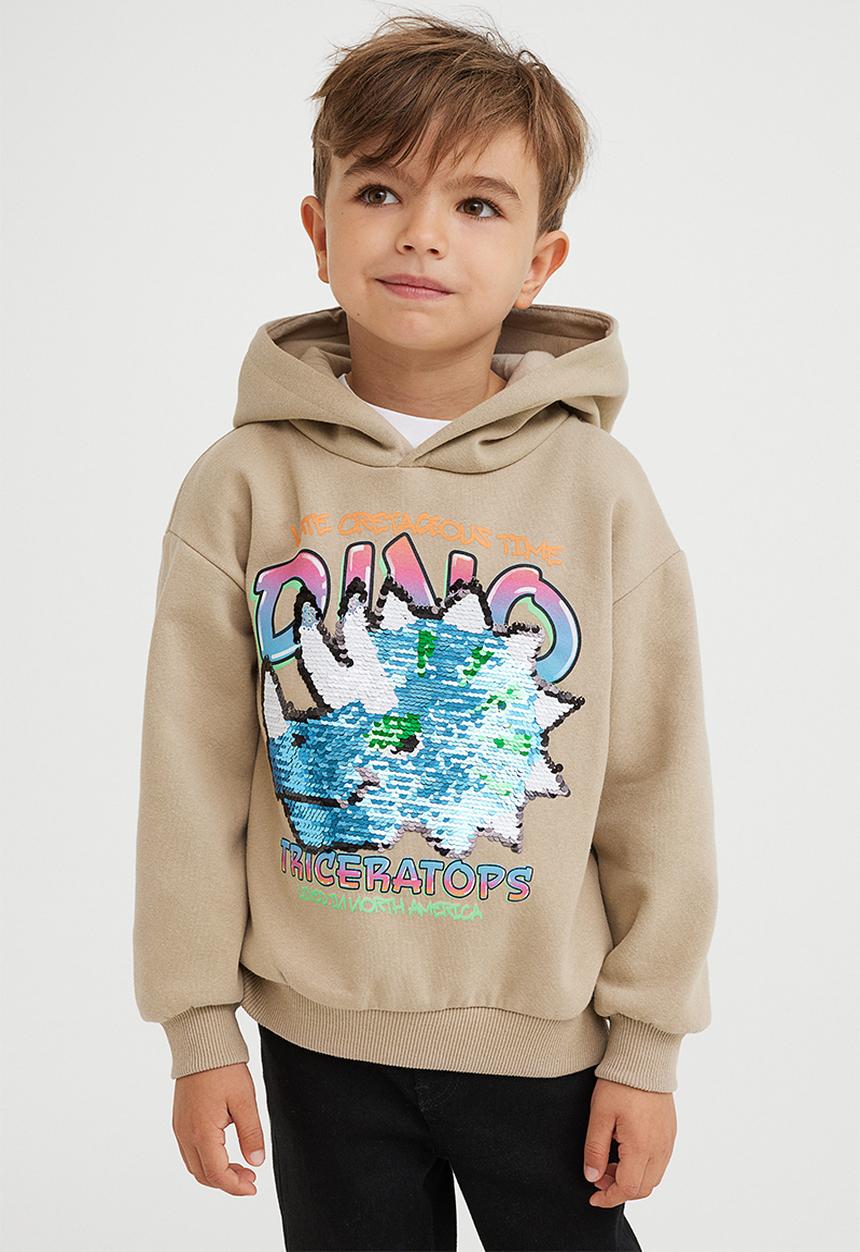 H&M - Reversible sequin-motif hoodie - beige/dinosaur