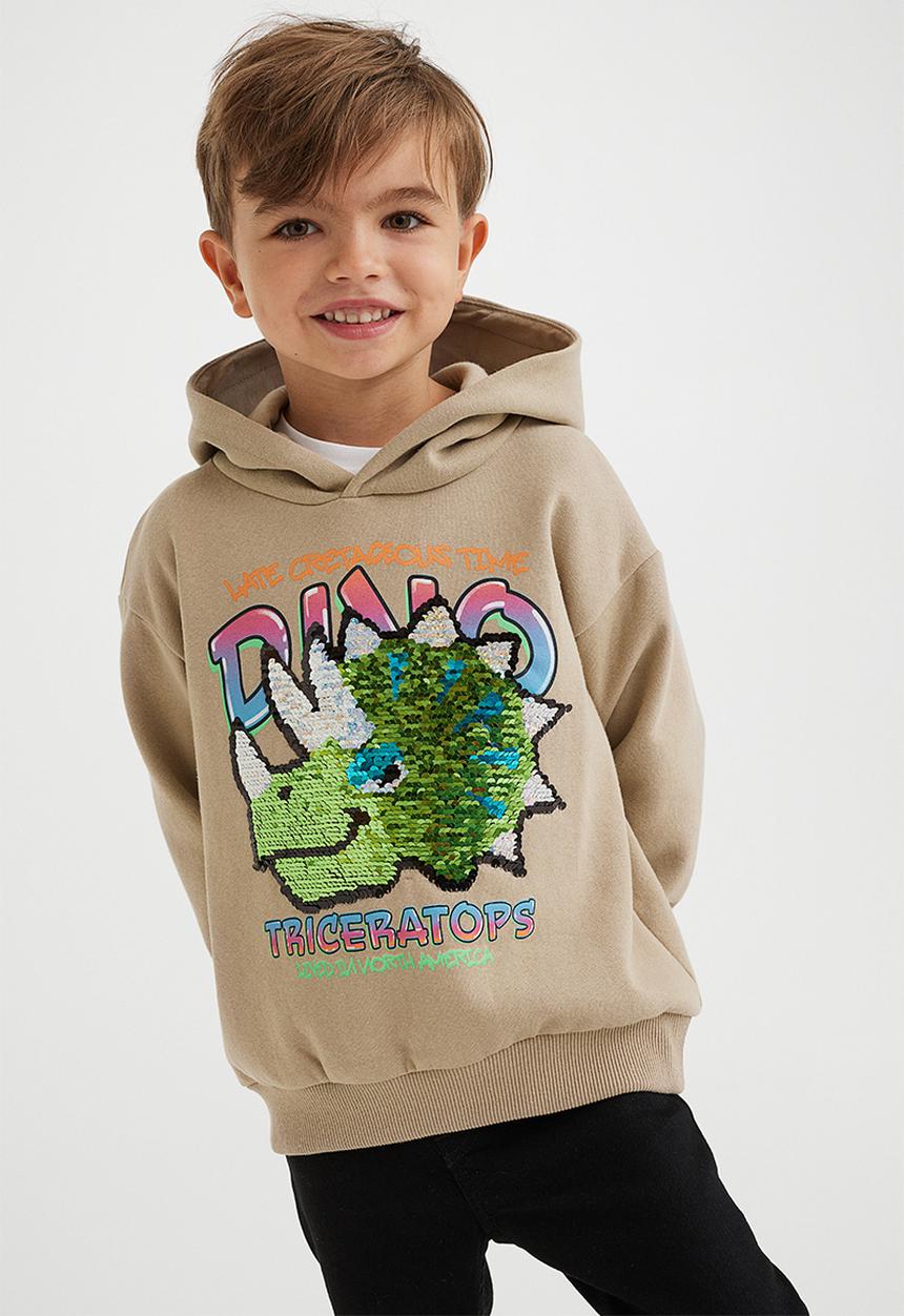 H&M - Reversible sequin-motif hoodie - beige/dinosaur