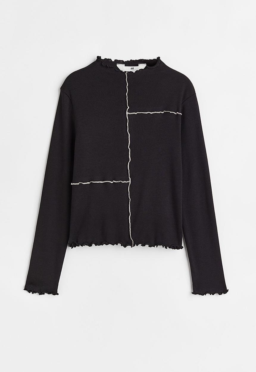H&M - Long-sleeved ribbed top - black/white