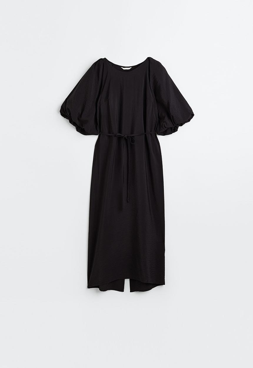 H&M - Balloon-sleeved tie-belt dress - black