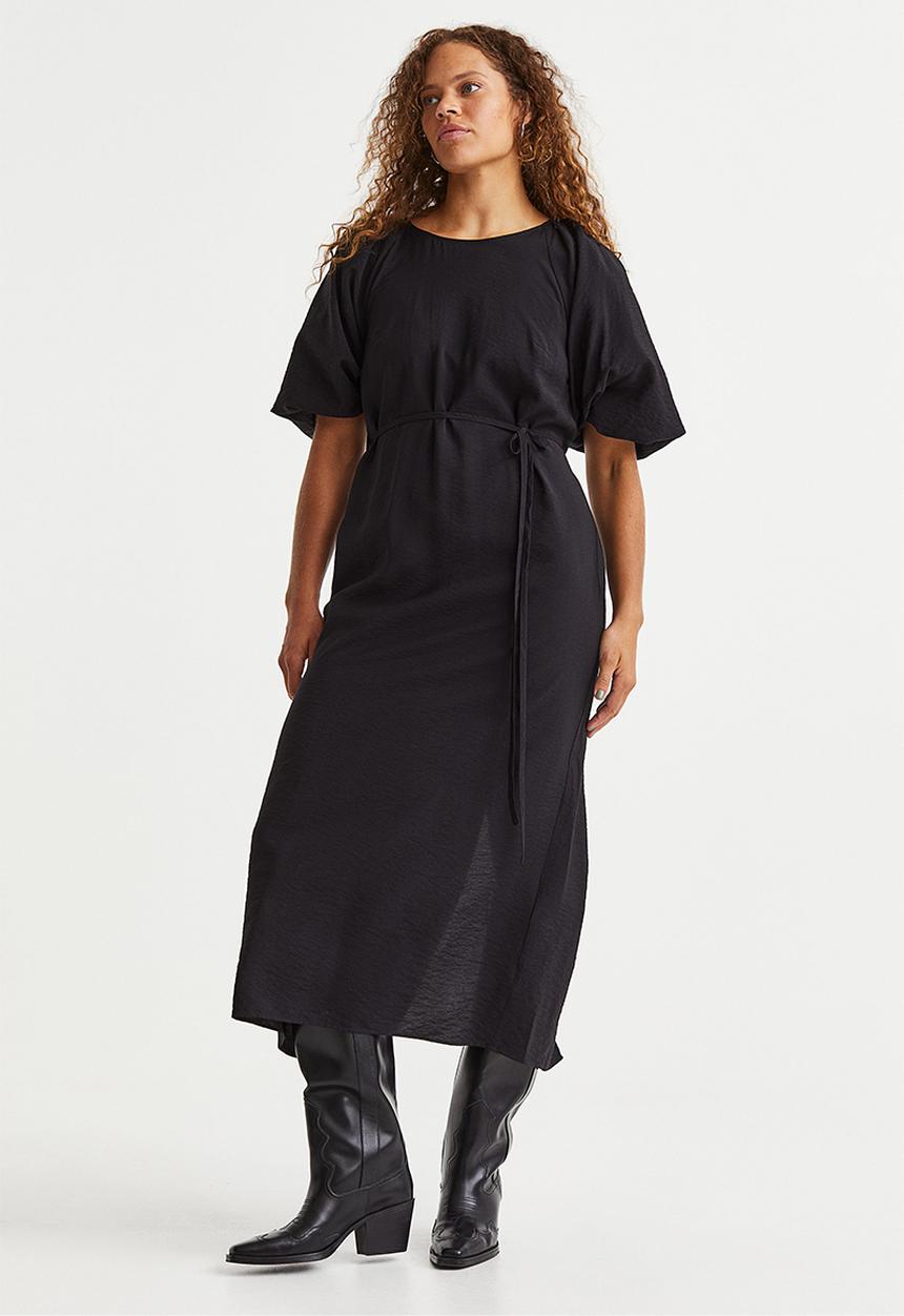 H&M - Balloon-sleeved tie-belt dress - black