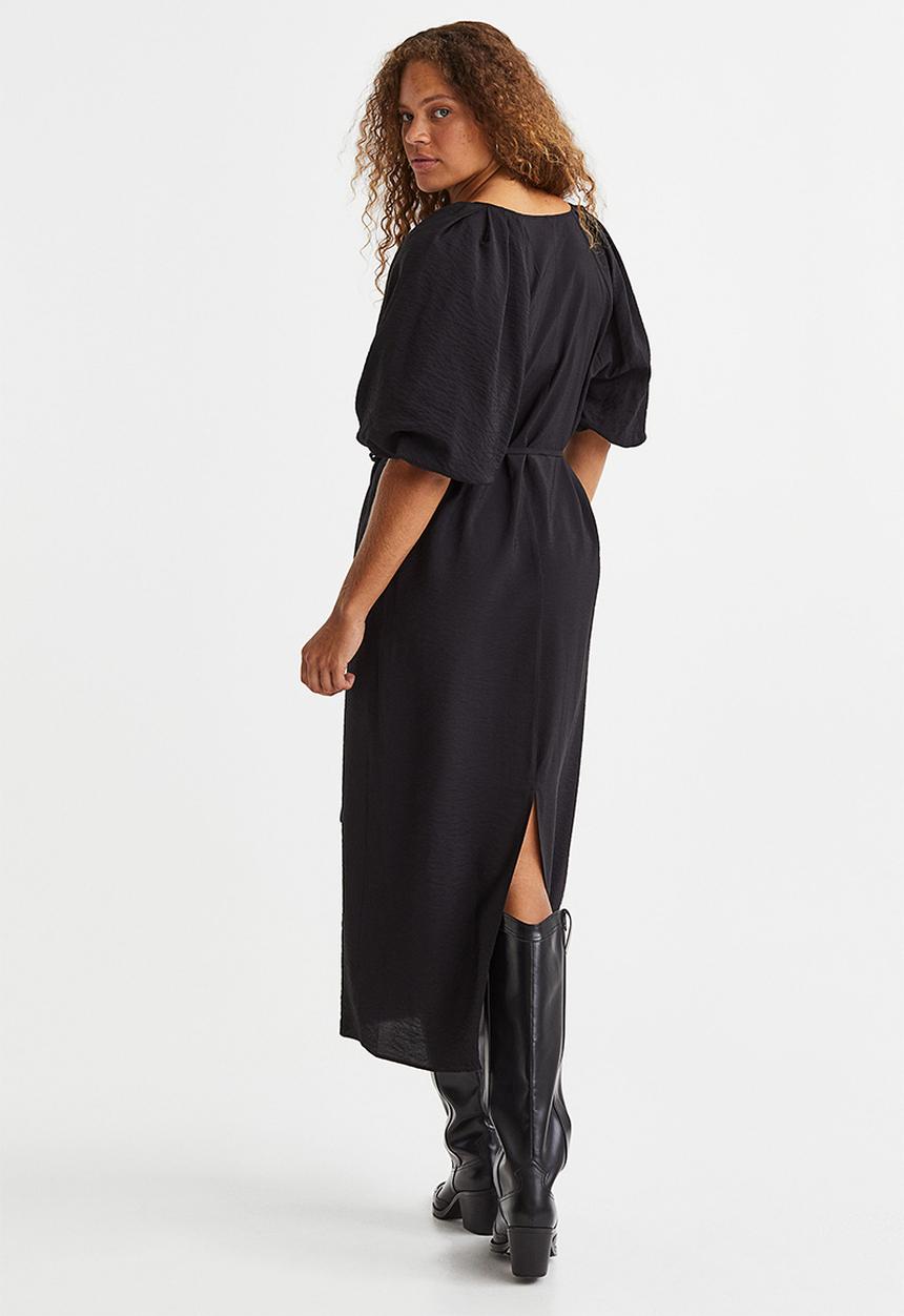 H&M - Balloon-sleeved tie-belt dress - black
