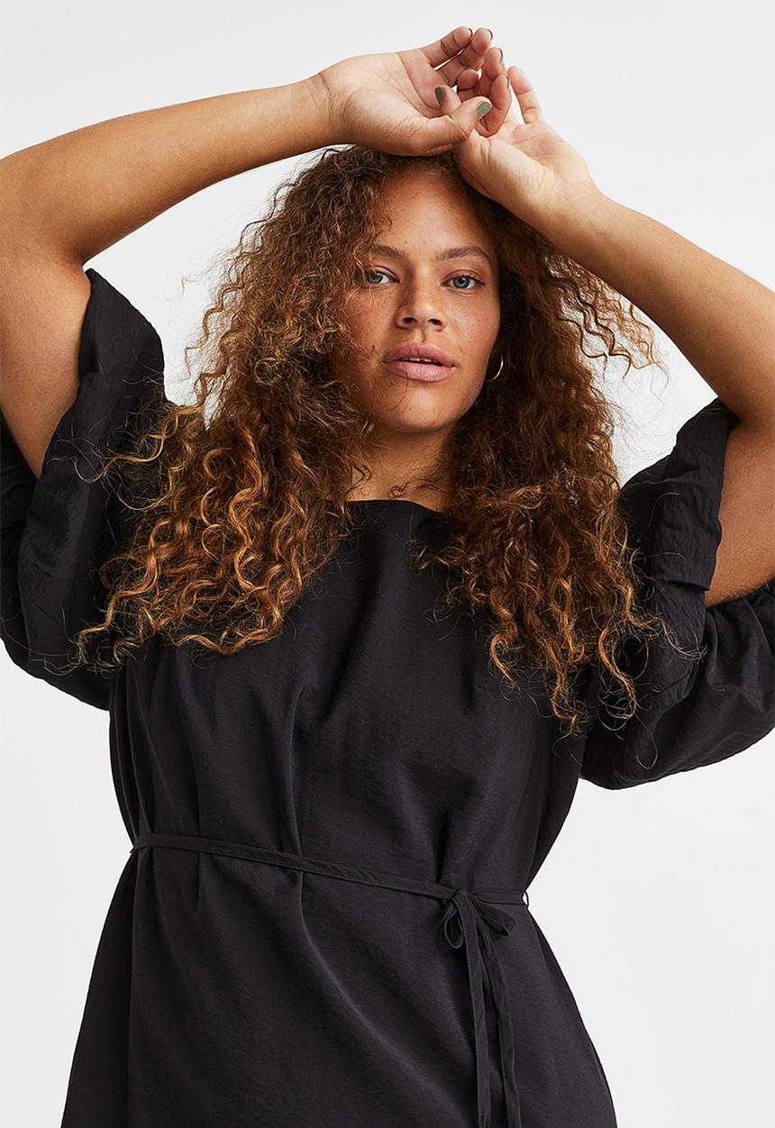 H&M - Balloon-sleeved tie-belt dress - black