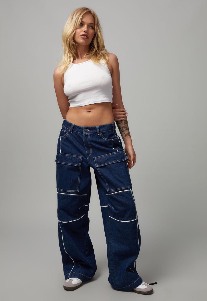 Factorie - Hype front pocket jean - Indigo/white piping