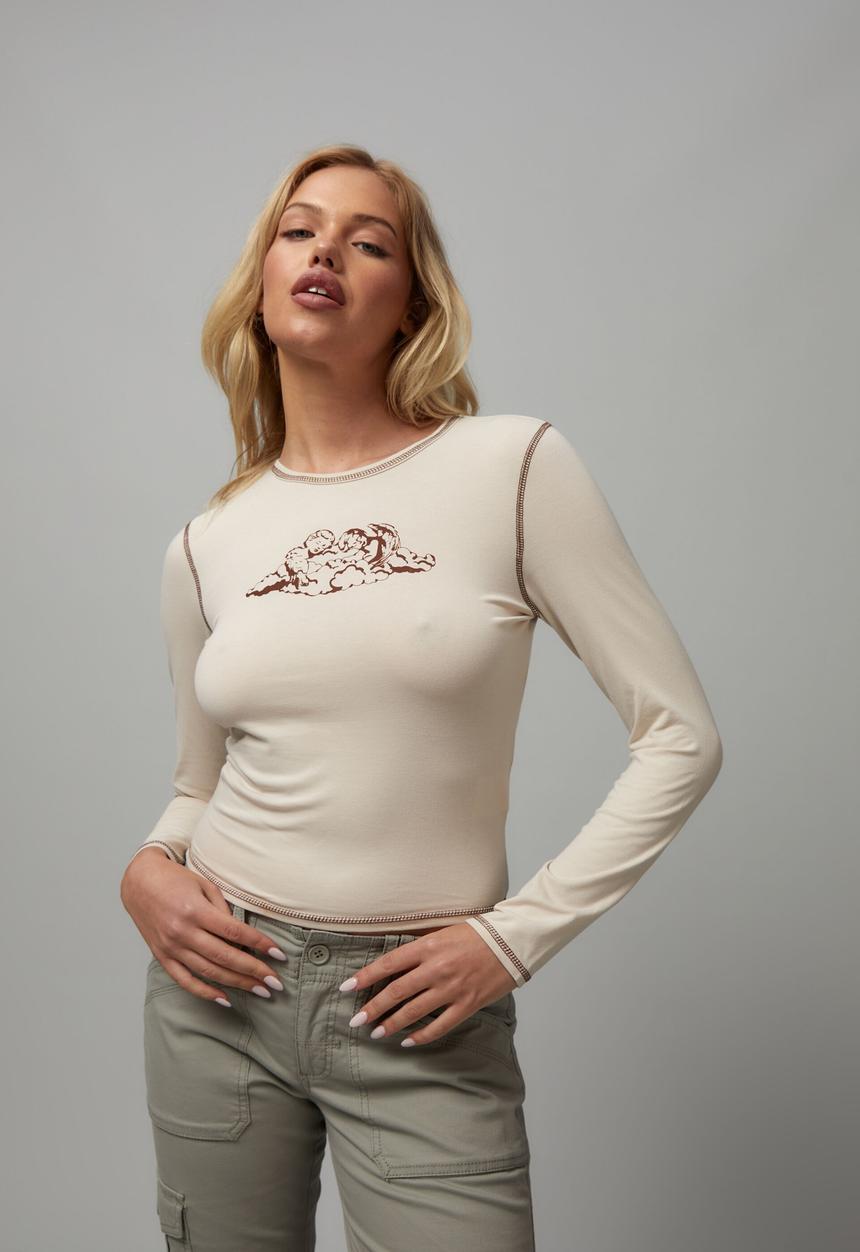 Factorie - Long sleeve fitted graphic tee - light stone/cherubs