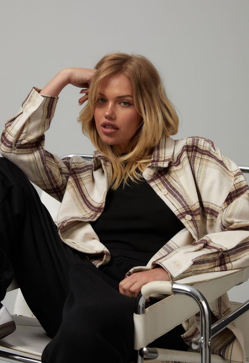 Factorie - Oversize long sleeve check shirt - light stone check