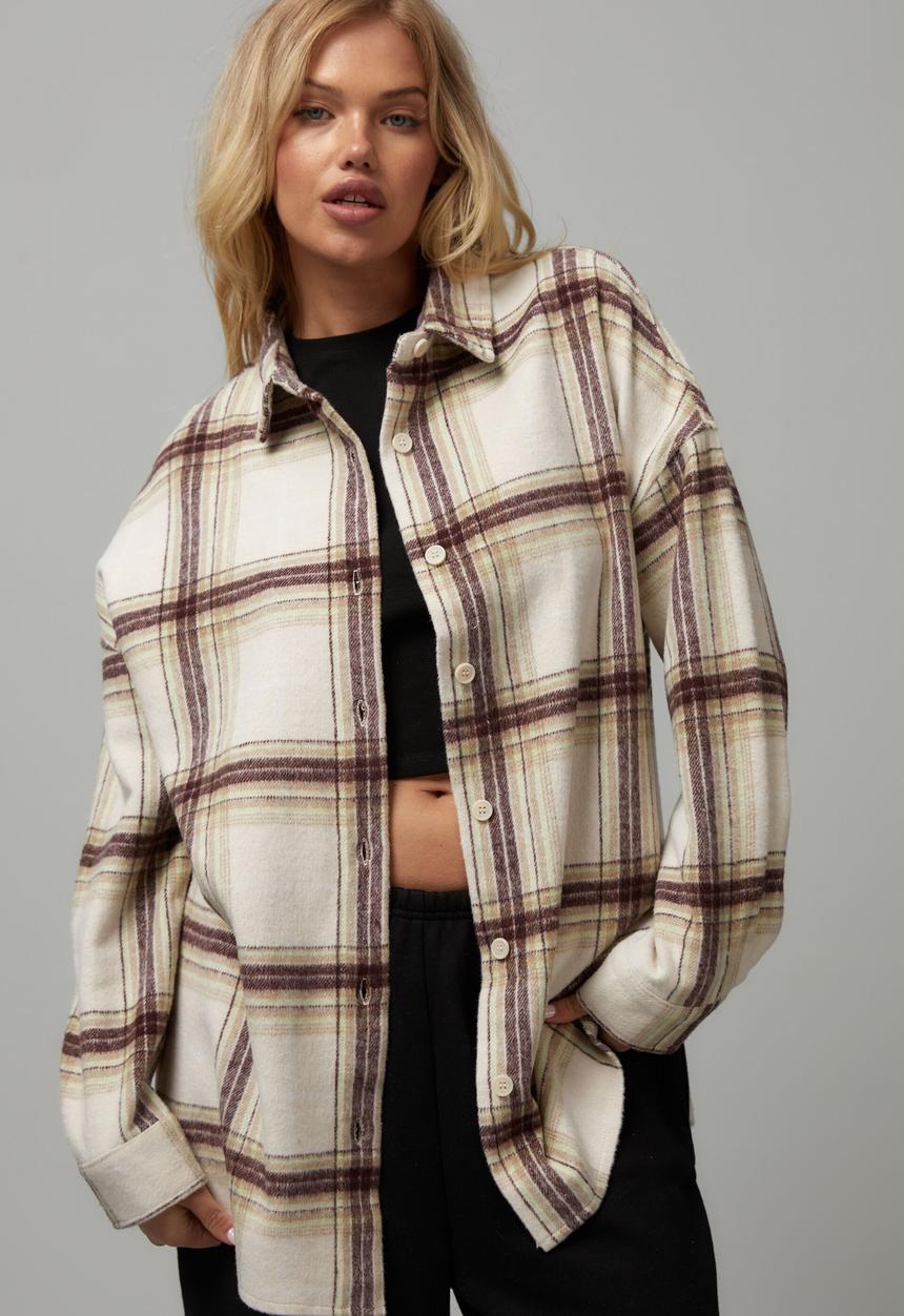 Factorie - Oversize long sleeve check shirt - light stone check