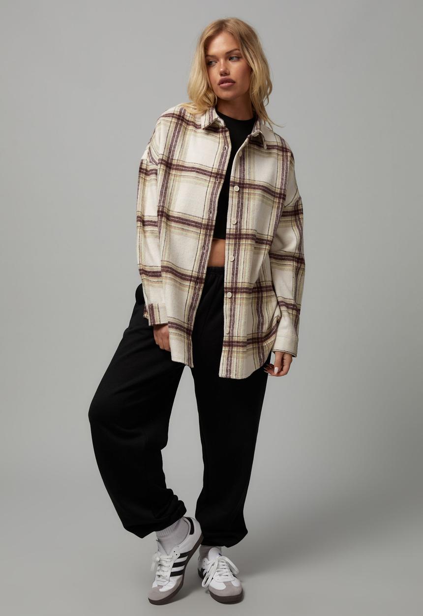 Factorie - Oversize long sleeve check shirt - light stone check