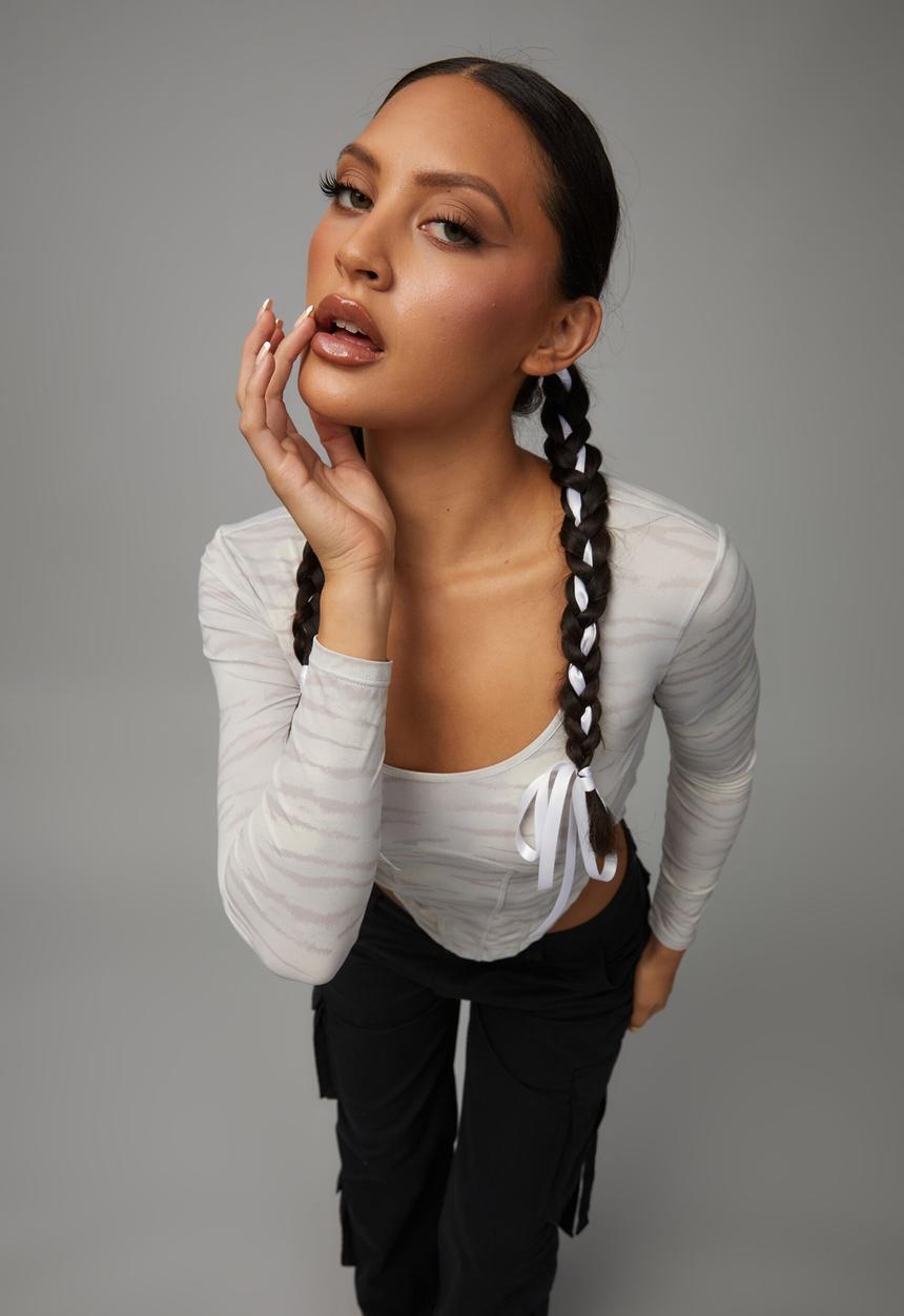 Factorie - Sheer long sleeve corset - zebra stripe/neutral