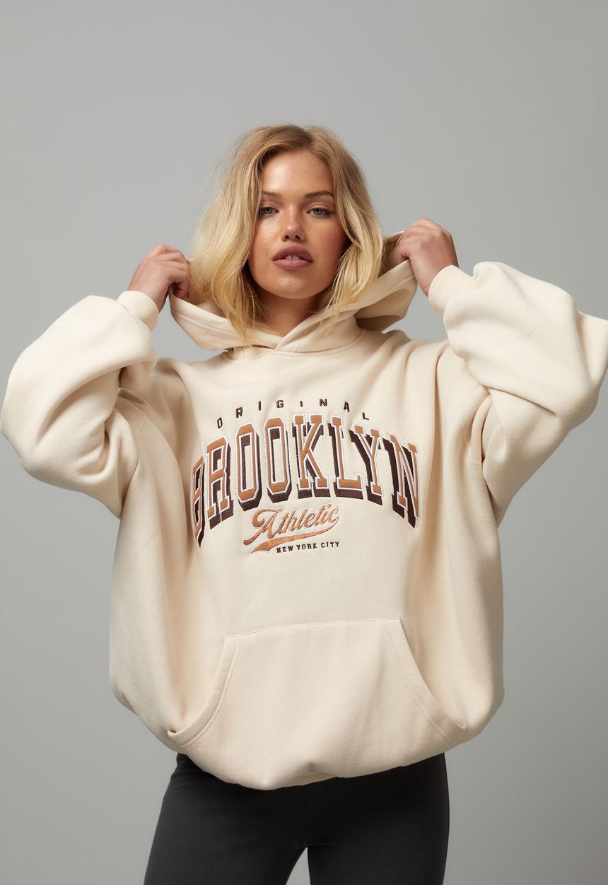 Factorie - Slouchy graphic hoodie - light stone/brooklyn athletic