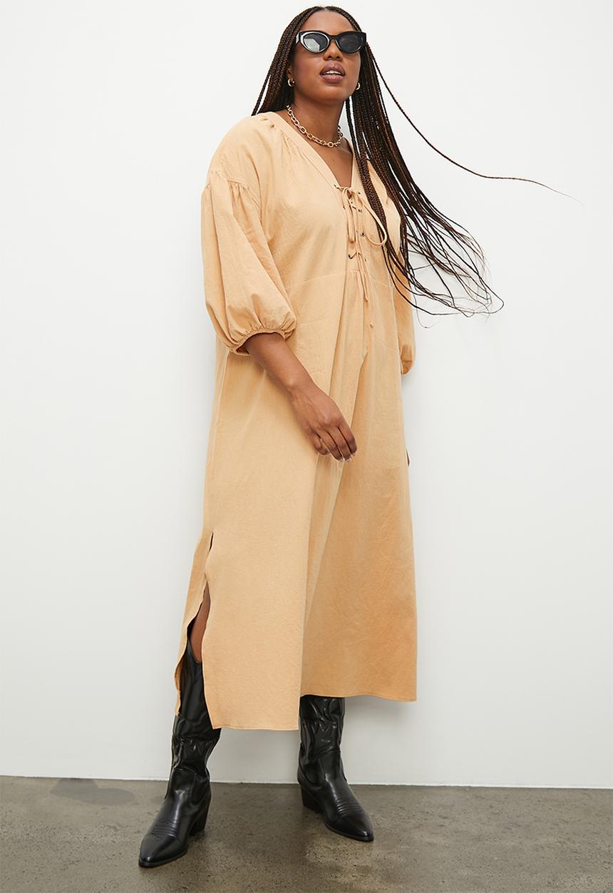 Superbalist - Volume tunic dress with eyelet detail - ochre1