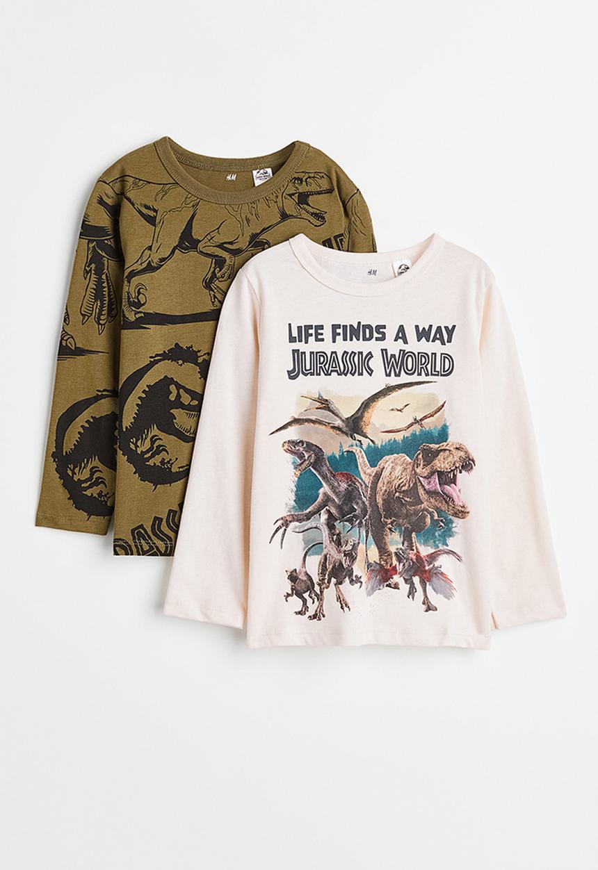 H&M - 2-Pack tops in printed cotton jersey - khaki green/jurassic world