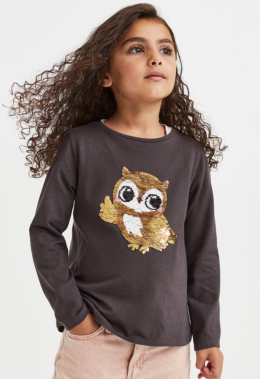 H&M - Motif-front top - dark grey/owl