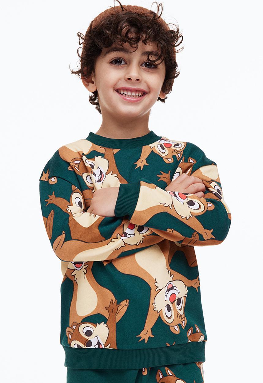 H&M - 2-piece printed sweatshirt set - dark green/chip 'n' dale