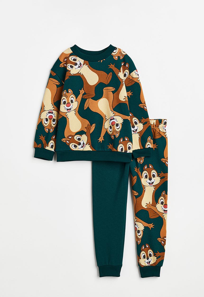 H&M - 2-piece printed sweatshirt set - dark green/chip 'n' dale